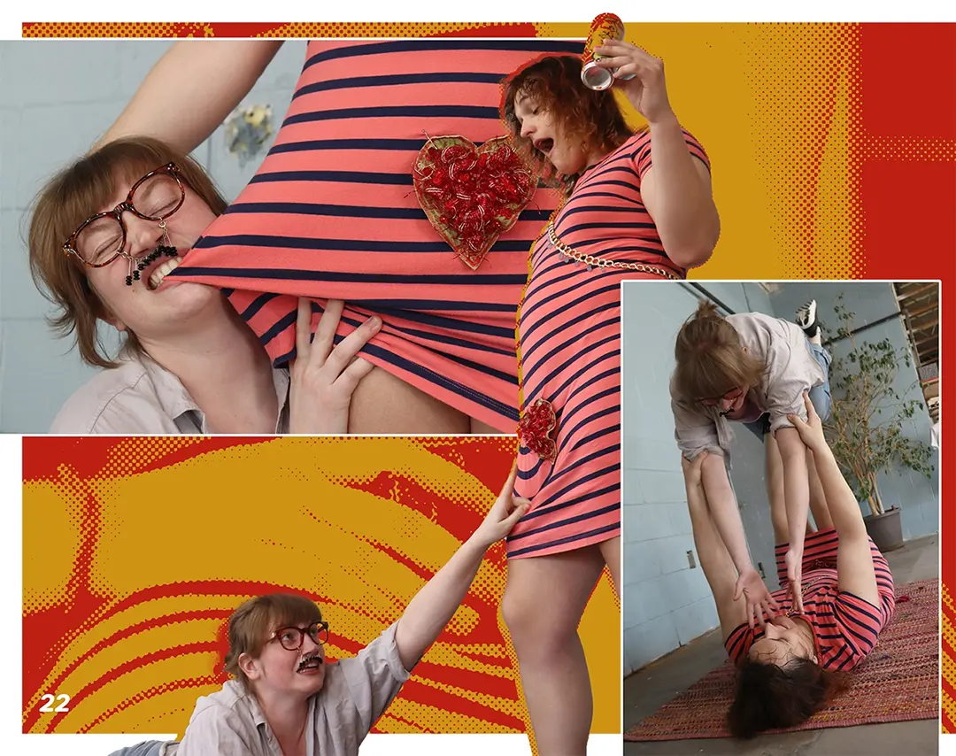 Zine spread with photos of Clara and Maeve posing together. Clara is wearing brown framed glasses with a 
                    black beaded mustache and Maeve is wearing a red bush made of tubing and beads.