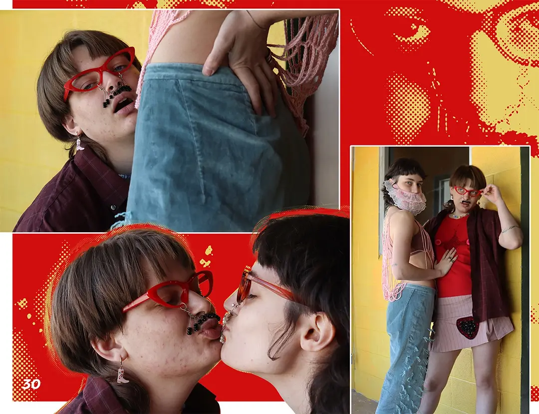 Zine spread with photos of Kate and Nix posing together. Kate is wearing leg hair pants and a lace beard and 
                    Nix is wearing a red shirt with fake chest hair and nipples on it, a pink miniskirt with a black beaded bush, and 
                    red framed glasses with a black beaded mustache.