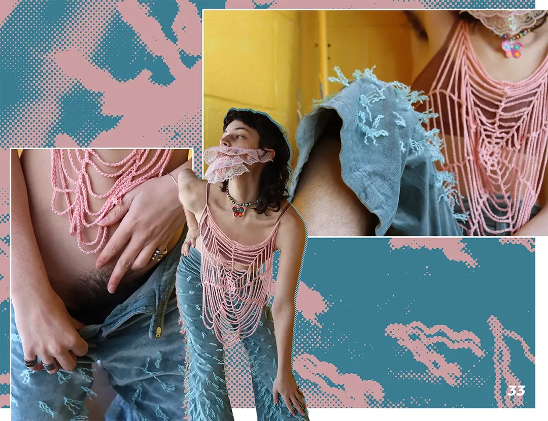 Zine spread with photos of Kate wearing leg hair pants and a lace beard. In one photo their pant zipper is 
                    down to reveal some pubic hair.