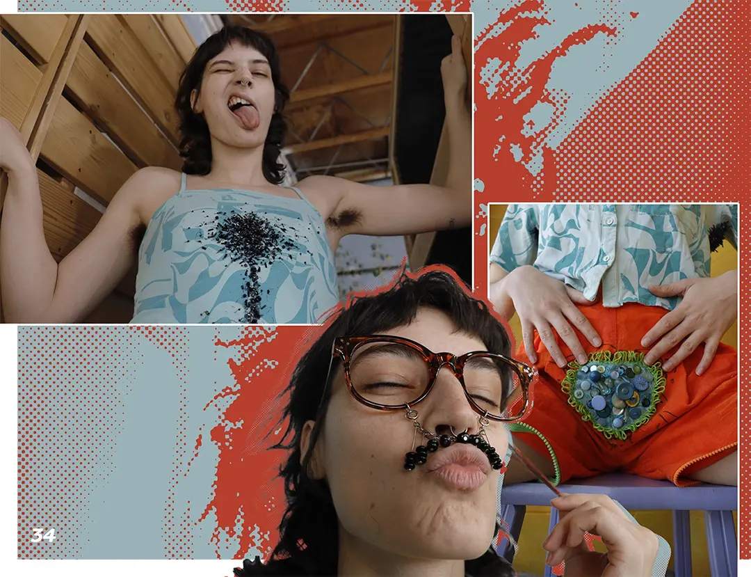 Zine spread with photos of Kate wearing a tank top with black beaded chest hair on it, a bush made of 
                    thrifted buttons with a looped trim, and brown framed glasses with a black mustache.