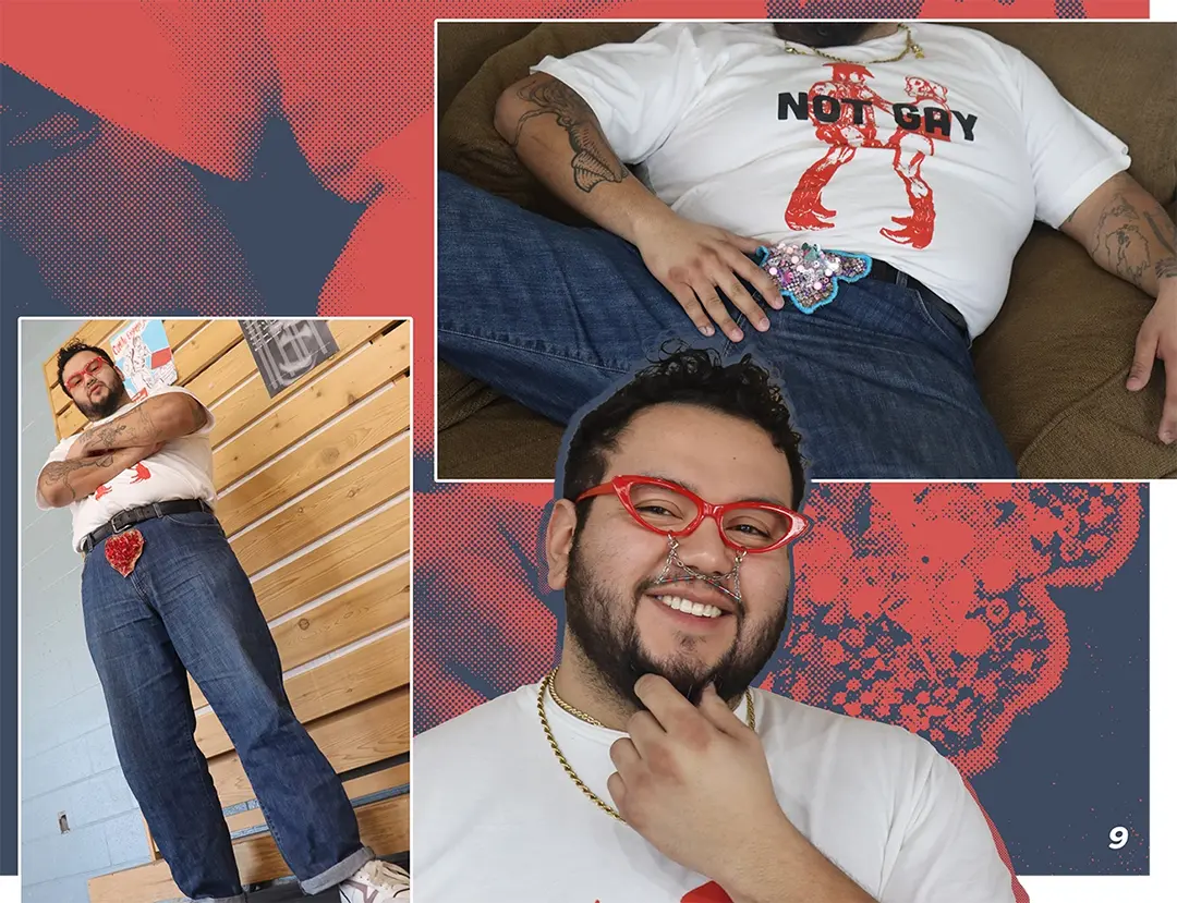 Zine spread with photos of Estevan wearing red framed glasses with a beaded pencil mustache, a red 
                    bush, and a pink and blue butterfly-shaped bush.