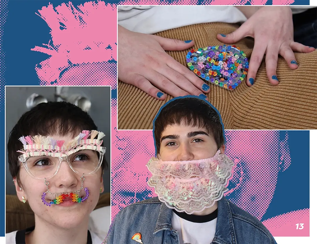 Zine spread with photos of Cam wearing a rainbow bush, glasses with a rainbow handlebar mustache 
                    and tassel unibrow, and a lace beard.