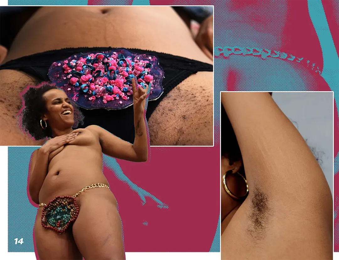 Zine spread with photos of Amel wearing a medusa merkin on a harness with nothing else on and a 
                    stubbly bush made of french knots of various sizes and materials. She's also rocking natural pit hair.