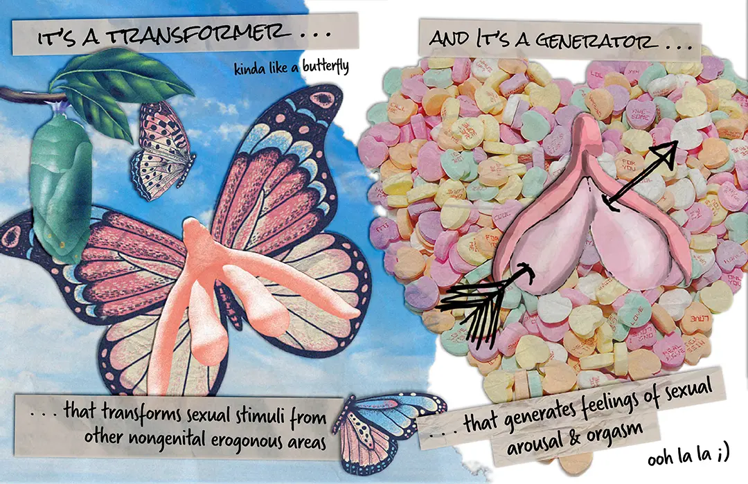 Zine spread with text in a marker font on tape. The left side is a model of a clitoris on top of butterfly wings, 
                    with butterflies and a chrysalis surrounding it. The other side is a drawing of the clitoris with a marker drawing of 
                    an arrow piercing it, like a cartoon heart. It's sitting atop a heart shaped pile of conversation heart candies.
