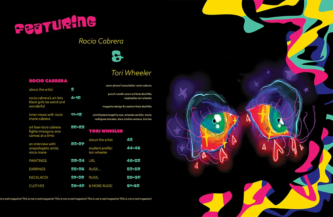 The table of contents spread of the magazine on a black background. The top text reads: 'Featuring Rocio Cabrera and Tori Wheeler.' The table of contents is 
                    too small to read. The facing page features the cover image with no title text.