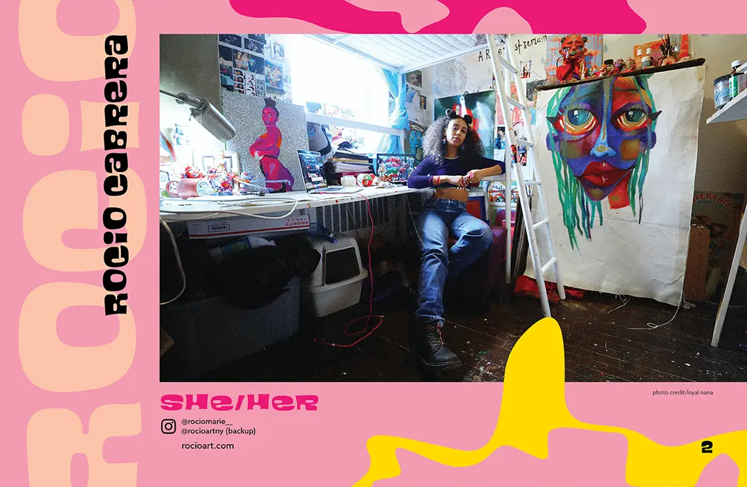 Magazine spread with a light pink background and a two-page photo of Rocio. There are bright pink and yellow squiggles going behind and in front 
                    of the photo. The page includes Rocio's full name, pronouns (she/her), instagram account, website, and has a credit for the photo.