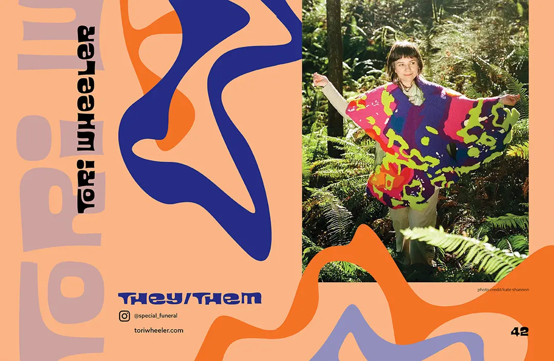 Magazine spread with a light orange background and a photo of Tori. There are bright purple and orange squiggles going behind and in front 
                    of the photo. The page includes Tori's full name, pronouns (they/them), instagram account, website, and has a credit for the photo.
