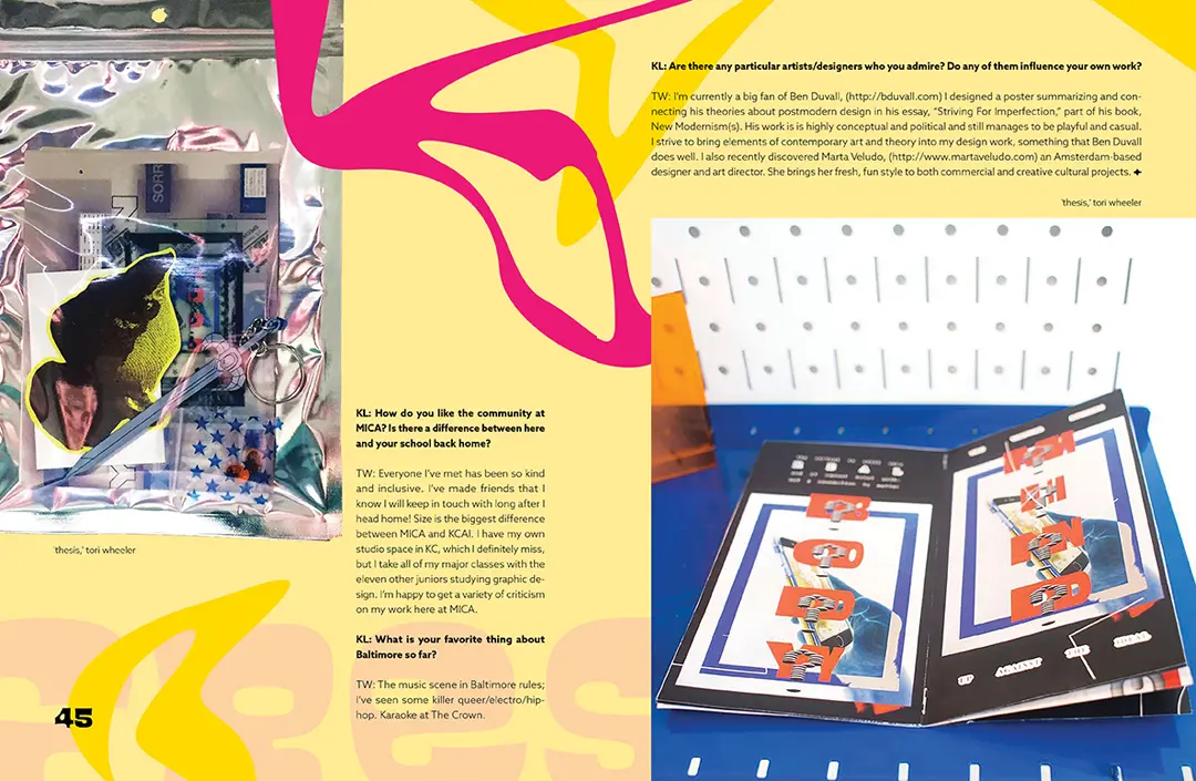 Magazine spread with a pale yellow background and bright pink and yellow squiggles around the page. It has interview text continued from another page that's too small 
                    to read. On the left side of the first page and the right side of the second page are images from Tori's thesis work.
