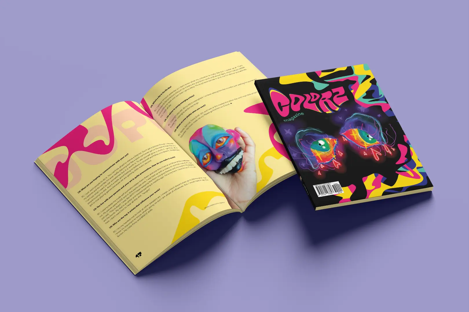Mockup of an open spread and the front cover of Colorz magazine. The cover has a black background with an illustration 
                    of a pair of colorful, crying eyes by Rocio. The title is set in a pink warped font, and yellow and purple impressions 
                    of the title are pulling away from the background where it's most warped. There are colorful squiggles around the top, bottom, and right edges of the cover. 
                    The spread has a pale yellow background with bright pink and yellow squiggles around it. The word 'Dope' in pale pink goes across 
                    the top left of the spread. There's text on the page which is set around a large cutout image of Rocio's hand holding a sculpted head.