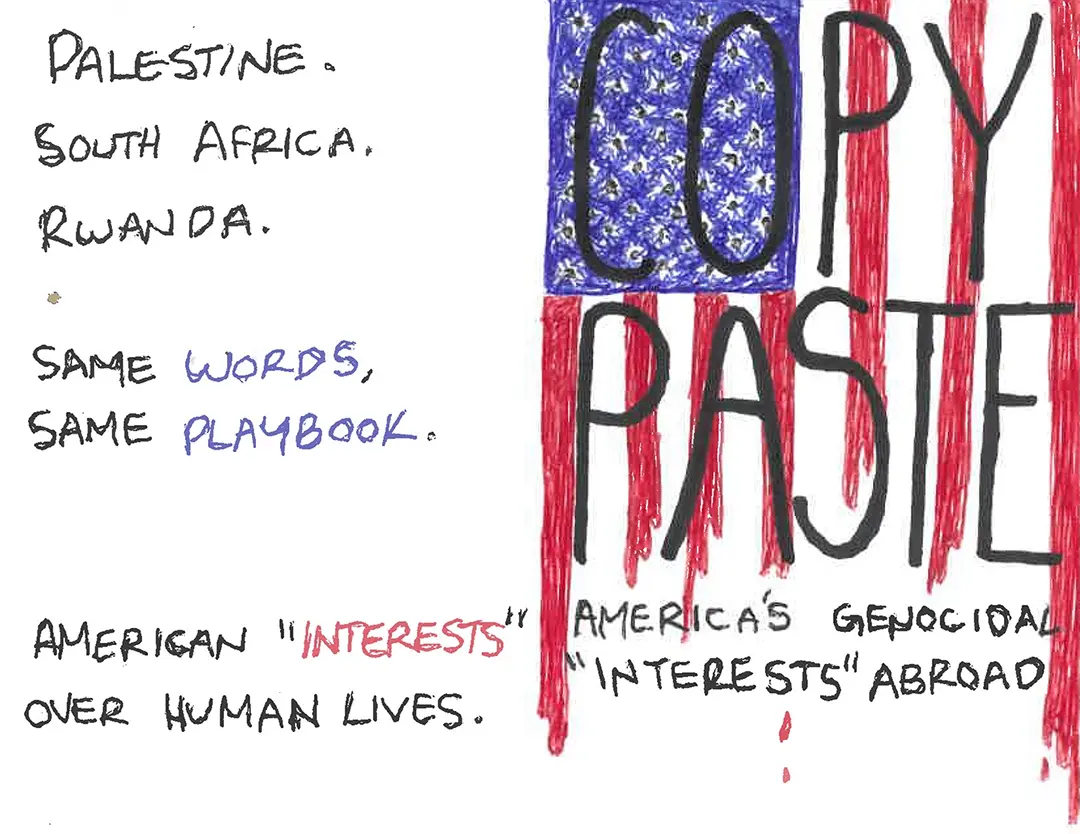 Front and back cover of the zine. The front cover has an American flag with red stripes 
                    of dripping blood and bullet holes for stars. Over the flag is the zine title: COPY PASTE