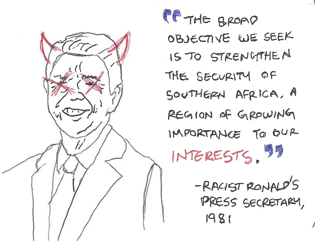 Zine spread with a scribbly ballpoint pen drawing of Ronald Reagan on the left. He has 
                    red Xs over his eyes. To his right is a quote.