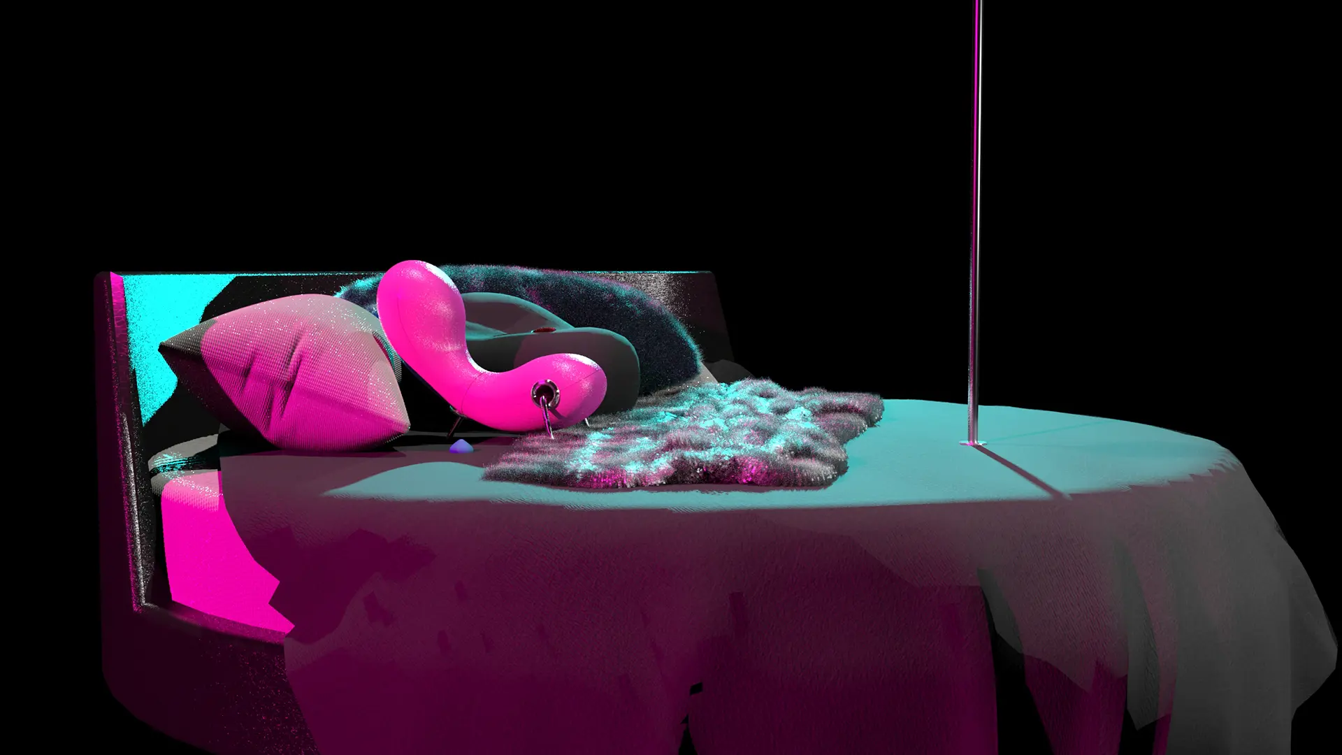 Wide view of a 3D modeled scene of a round, black leather bed floating in dark space. On the bed 
                    are pillows and fuzzy blankets. Near the pillows is a pink Embryo chair, and it's facing a pole on the 
                    other side of the bed. The scale is surreal as the bed and pillows are much larger than the chair and pole. 
                    The scene is lit with pink and blue lighting.