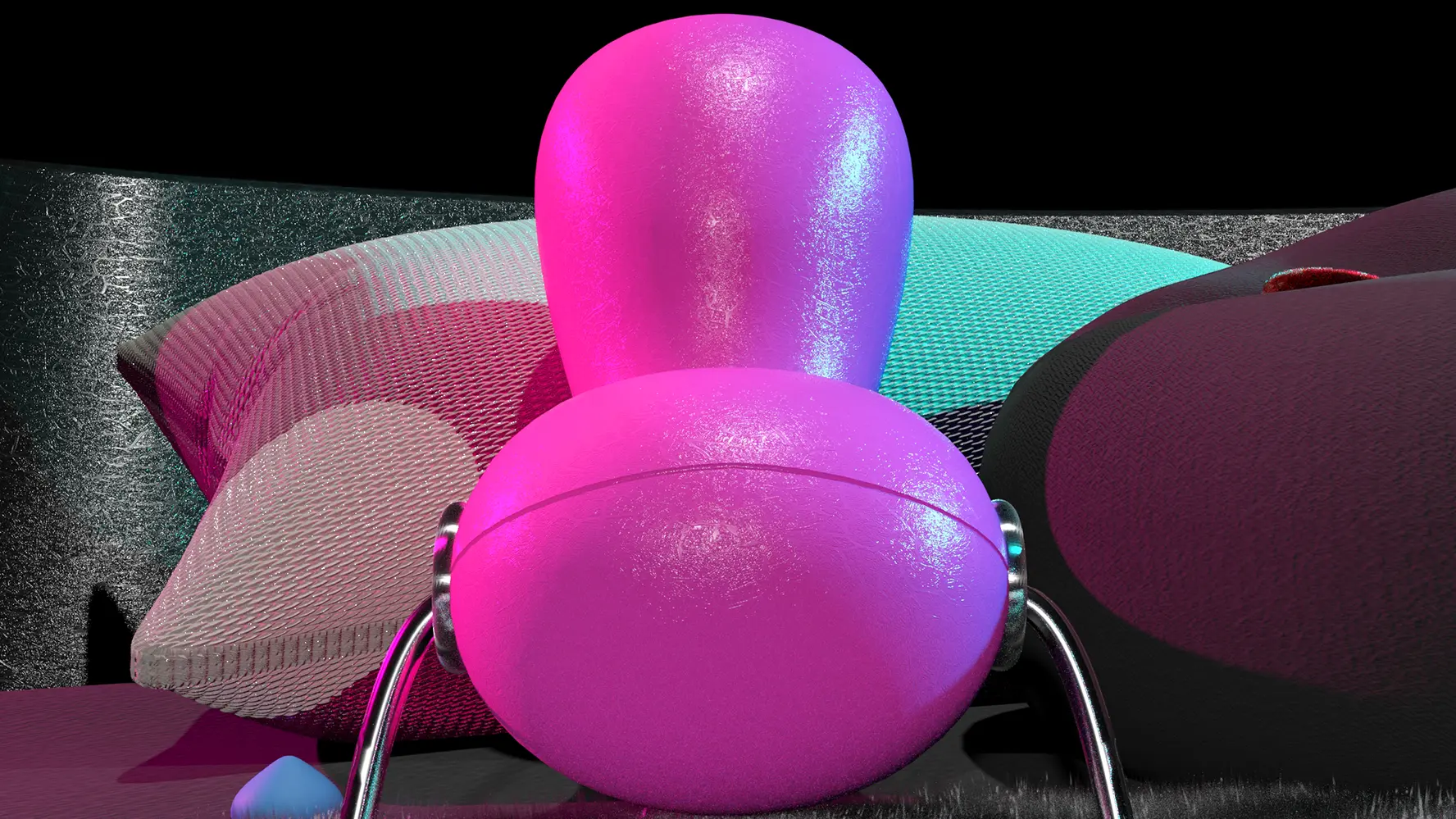 Close up of the chair from a low front-angle view with pillows in the background. On the bed next to the chair 
                    is a vibrator. 