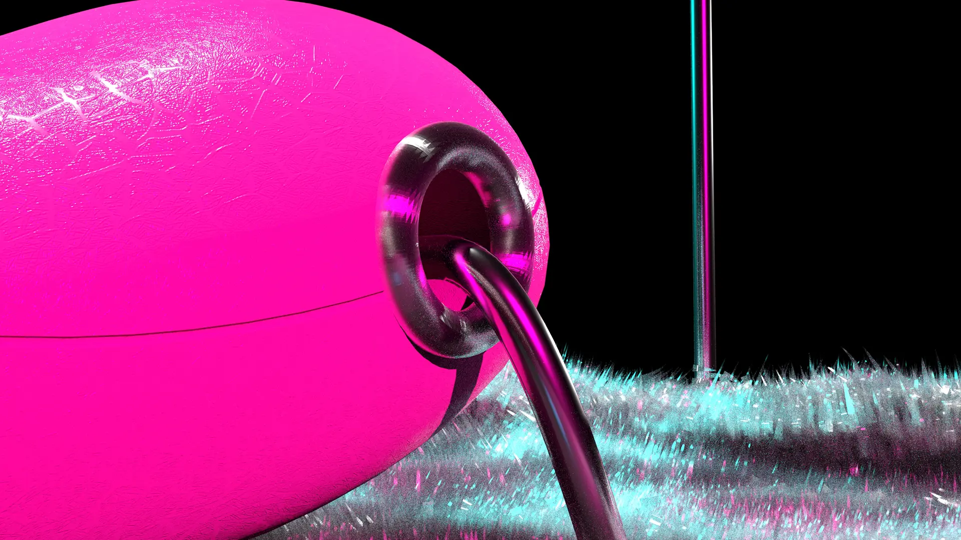 Close up from behind the chair looking at the pole. The chrome of the pole and the chair legs are reflecting the pink 
                    of the chair as well as the pink and blue lighting of the scene.