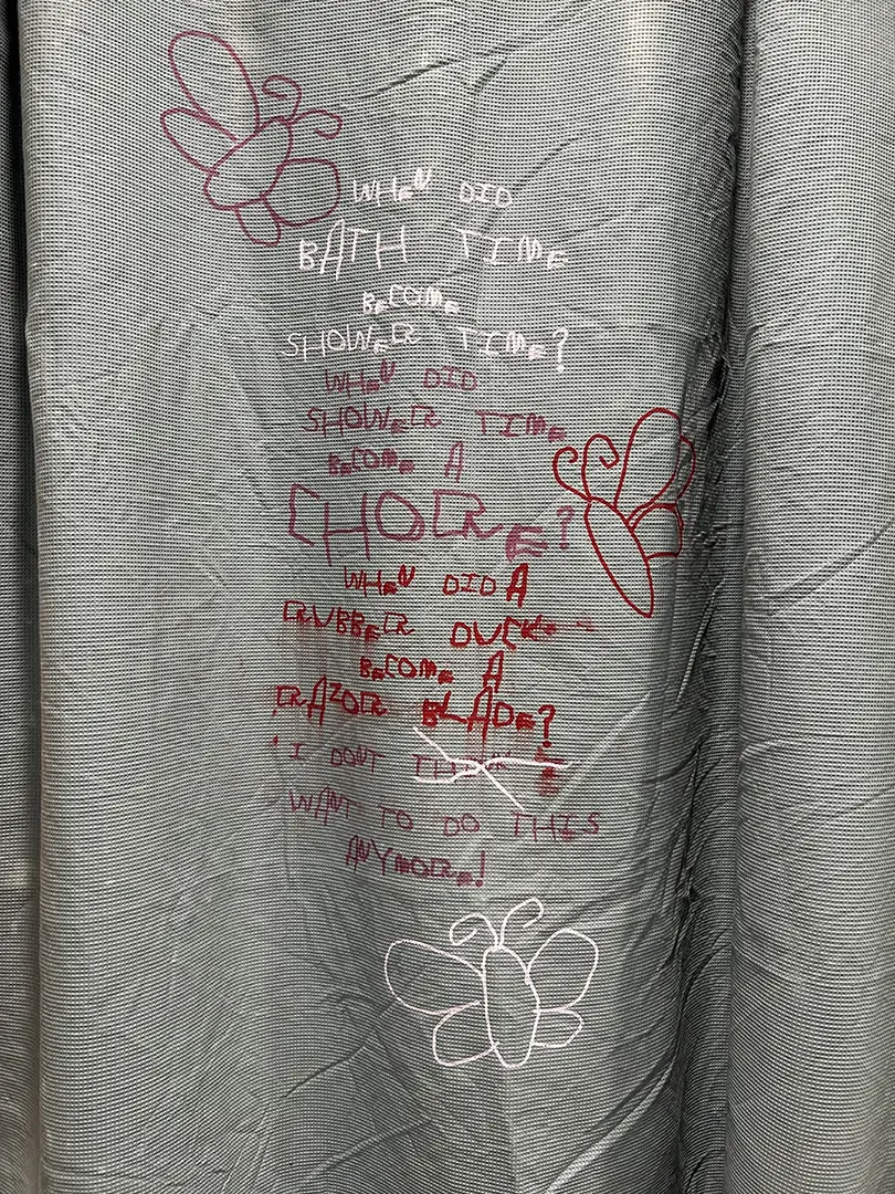 Close up of shower curtain with a poem printed in pink and red ink. 
                        "When did bath time become shower time? When did shower time become a chore? When did a rubber
                        duck become a razor blade? I don't think I want to do this anymore!" "Think I" is 
                        crossed out and there are three childlike drawings of butterflies surrounding the poem.
