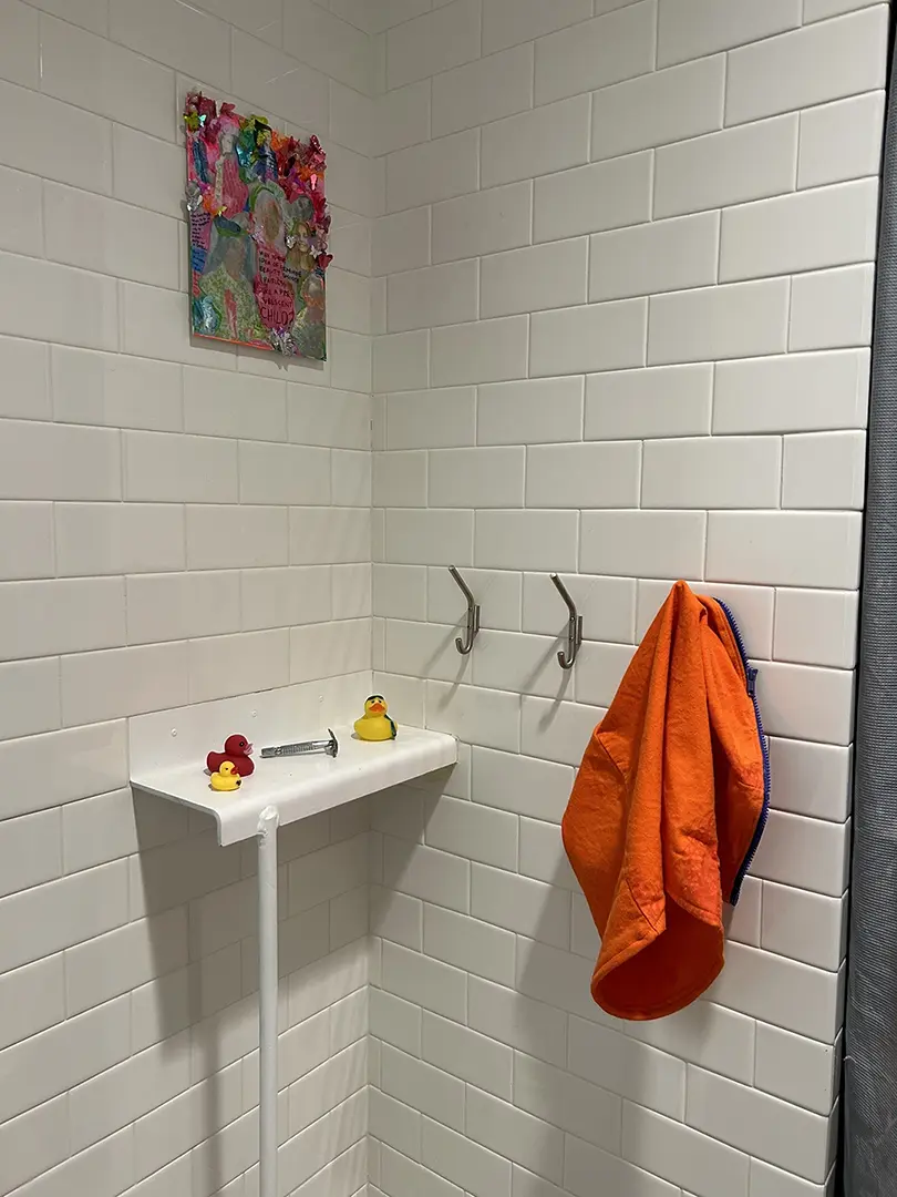 Corner with a pink painting hanging above a shelf. On the shelf are three rubber ducks surrounding a 
                        safety razor. Hanging on a hook on the other wall is a section from a pair of orange zip-off pants.