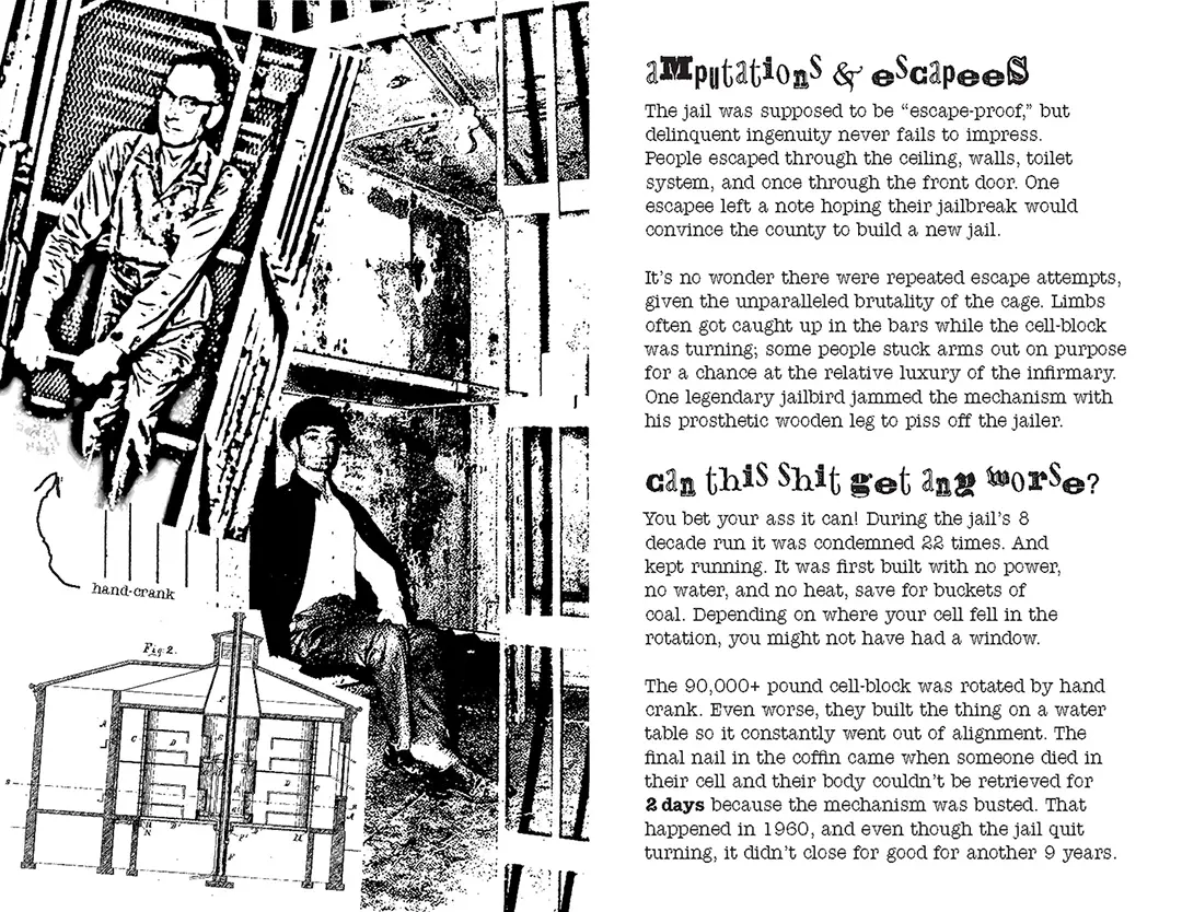 Second spread of the zine. On the left is a full page collage with an image of someone turning 
                    the hand crank, an image of a mannequin inside one of the cells, and another image from the design 
                    patent. On the right page is text.